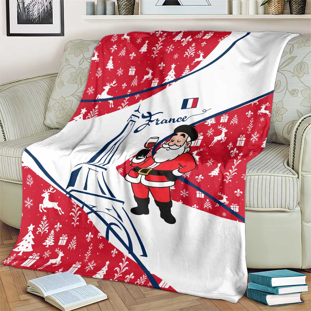 France Christmas Blanket with Santa Wine Glass Eiffel Tower and Holiday Icons Design - Wonder Print Shop