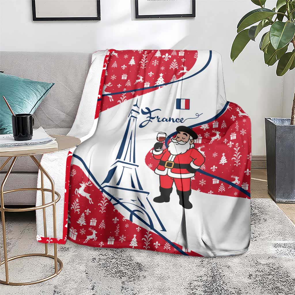 France Christmas Blanket with Santa Wine Glass Eiffel Tower and Holiday Icons Design - Wonder Print Shop