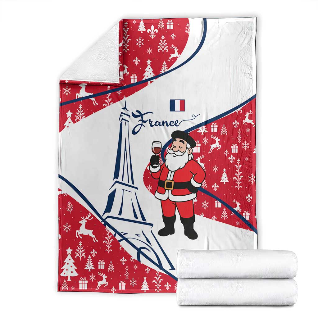 France Christmas Blanket with Santa Wine Glass Eiffel Tower and Holiday Icons Design - Wonder Print Shop