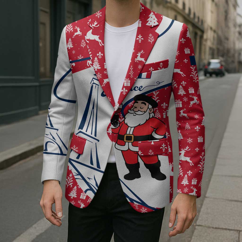 France Christmas Blazer with Santa Wine Glass Eiffel Tower and Holiday Icons Design - Wonder Print Shop