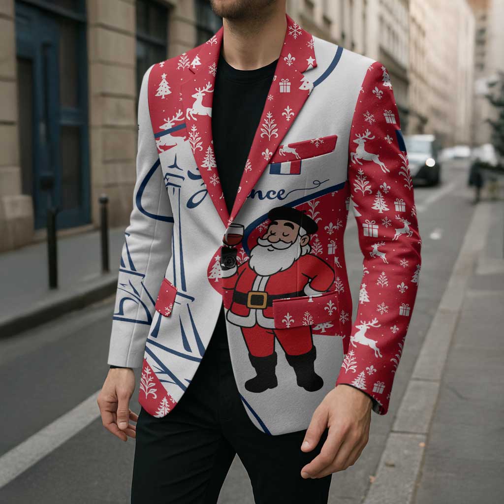 France Christmas Blazer with Santa Wine Glass Eiffel Tower and Holiday Icons Design - Wonder Print Shop