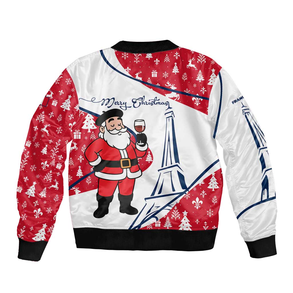 France Christmas Bomber Jacket with Santa Wine Glass Eiffel Tower and Holiday Icons Design - Wonder Print Shop