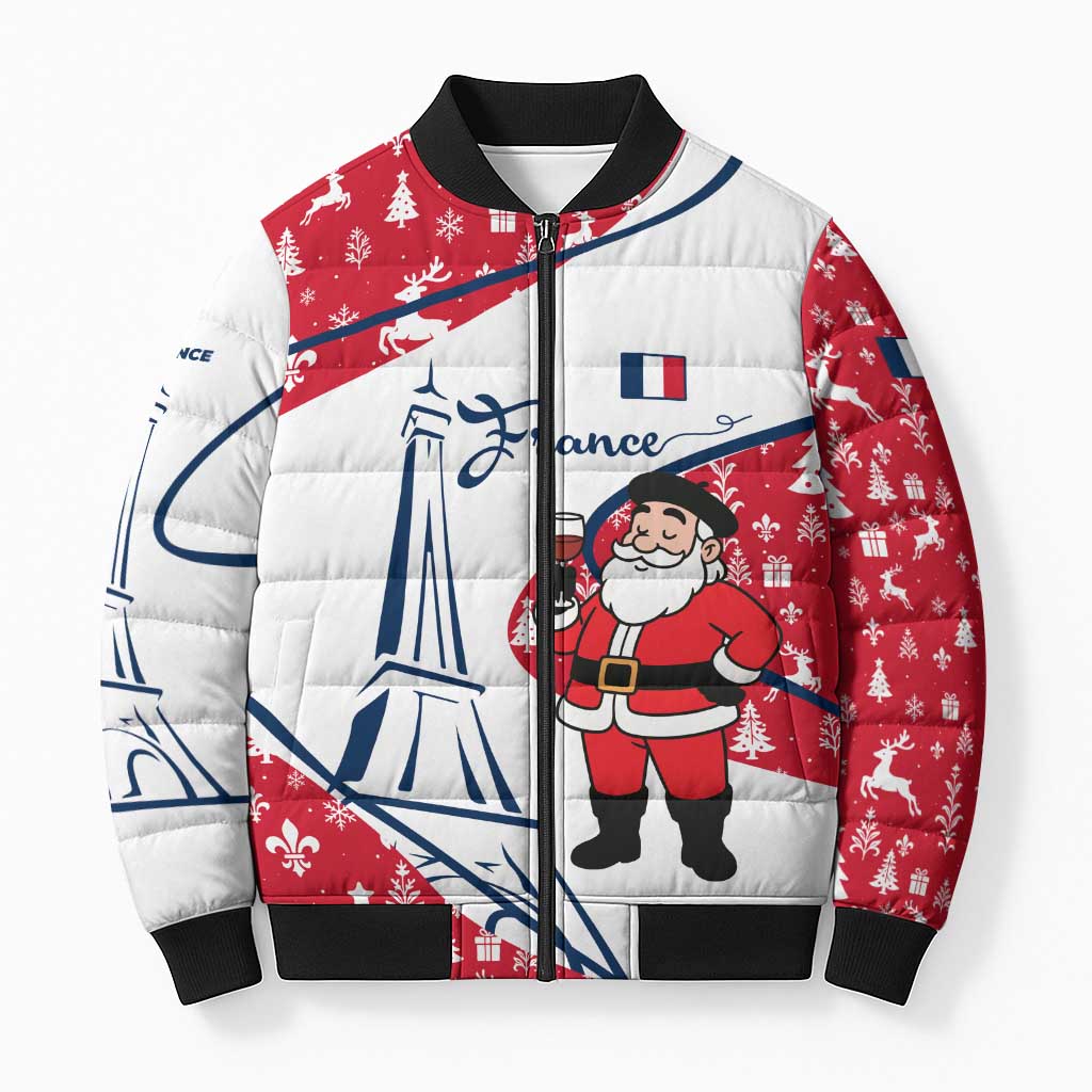 France Christmas Bomber Puffer Jacket with Santa Wine Glass Eiffel Tower and Holiday Icons Design - Wonder Print Shop