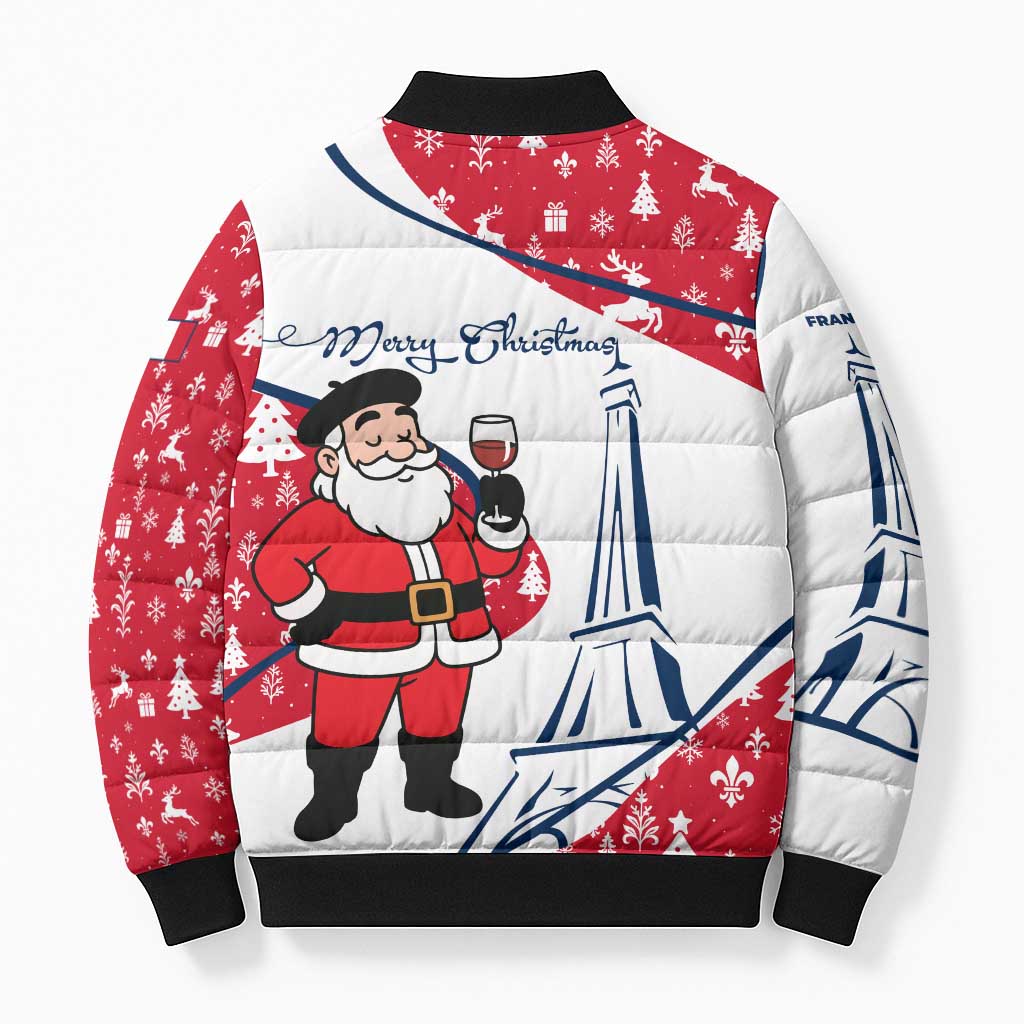France Christmas Bomber Puffer Jacket with Santa Wine Glass Eiffel Tower and Holiday Icons Design - Wonder Print Shop