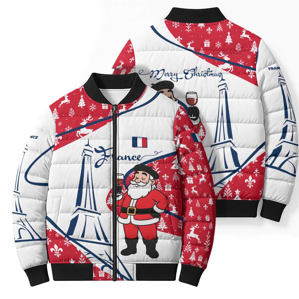 France Christmas Bomber Puffer Jacket with Santa Wine Glass Eiffel Tower and Holiday Icons Design - Wonder Print Shop
