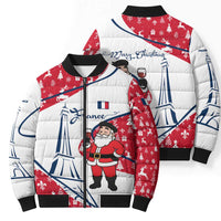 France Christmas Bomber Puffer Jacket with Santa Wine Glass Eiffel Tower and Holiday Icons Design - Wonder Print Shop