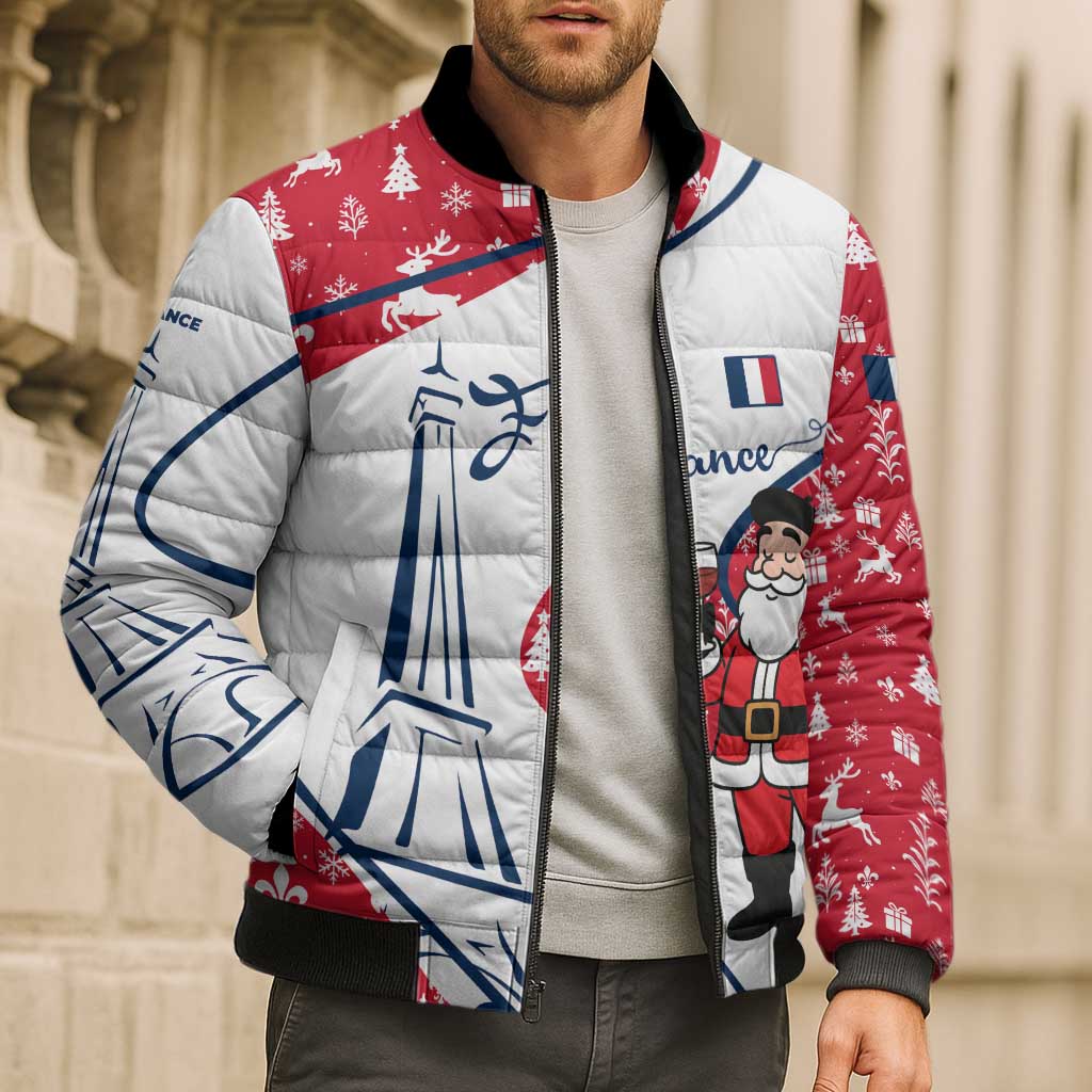France Christmas Bomber Puffer Jacket with Santa Wine Glass Eiffel Tower and Holiday Icons Design - Wonder Print Shop