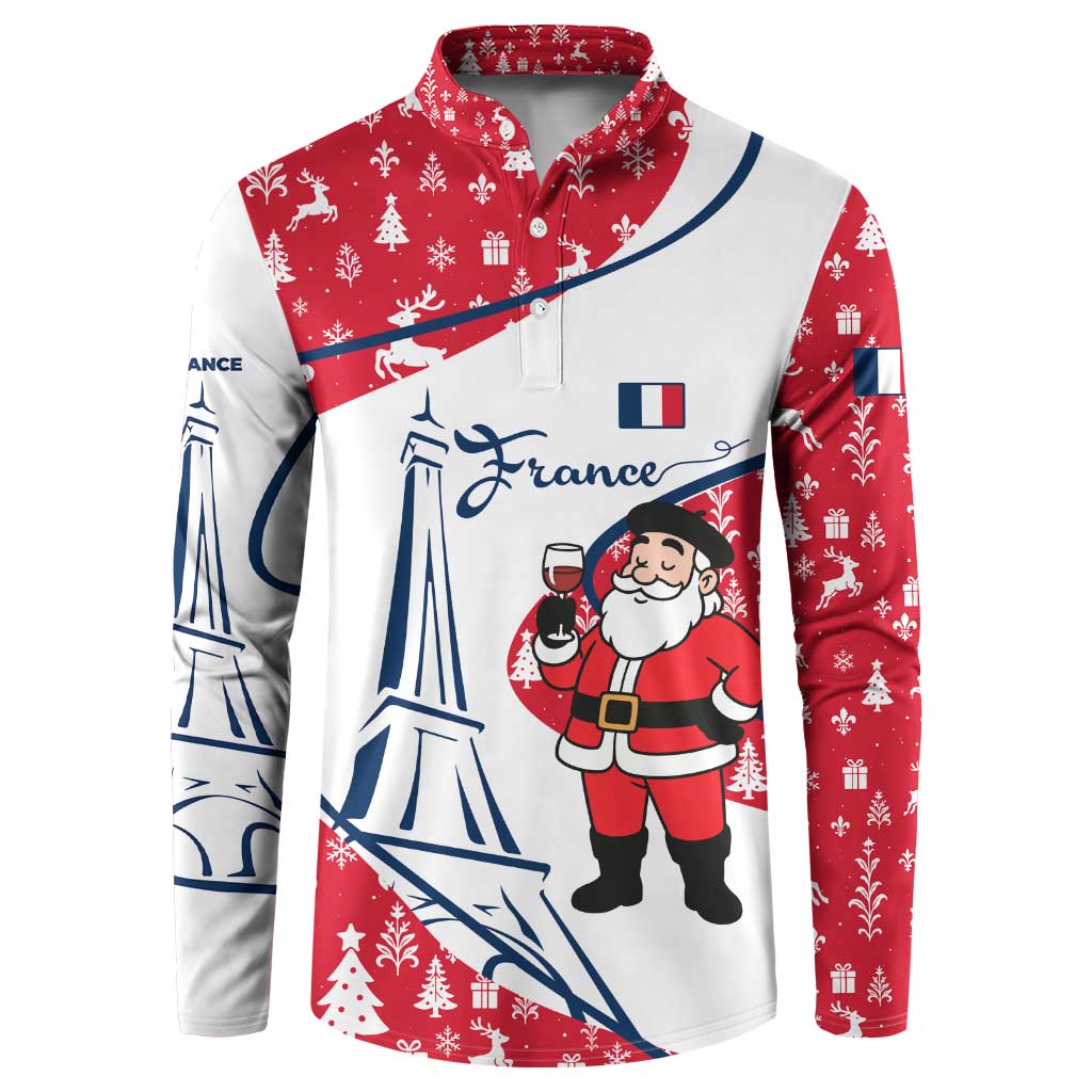 France Christmas Button Sweatshirt with Santa Wine Glass Eiffel Tower and Holiday Icons Design - Wonder Print Shop