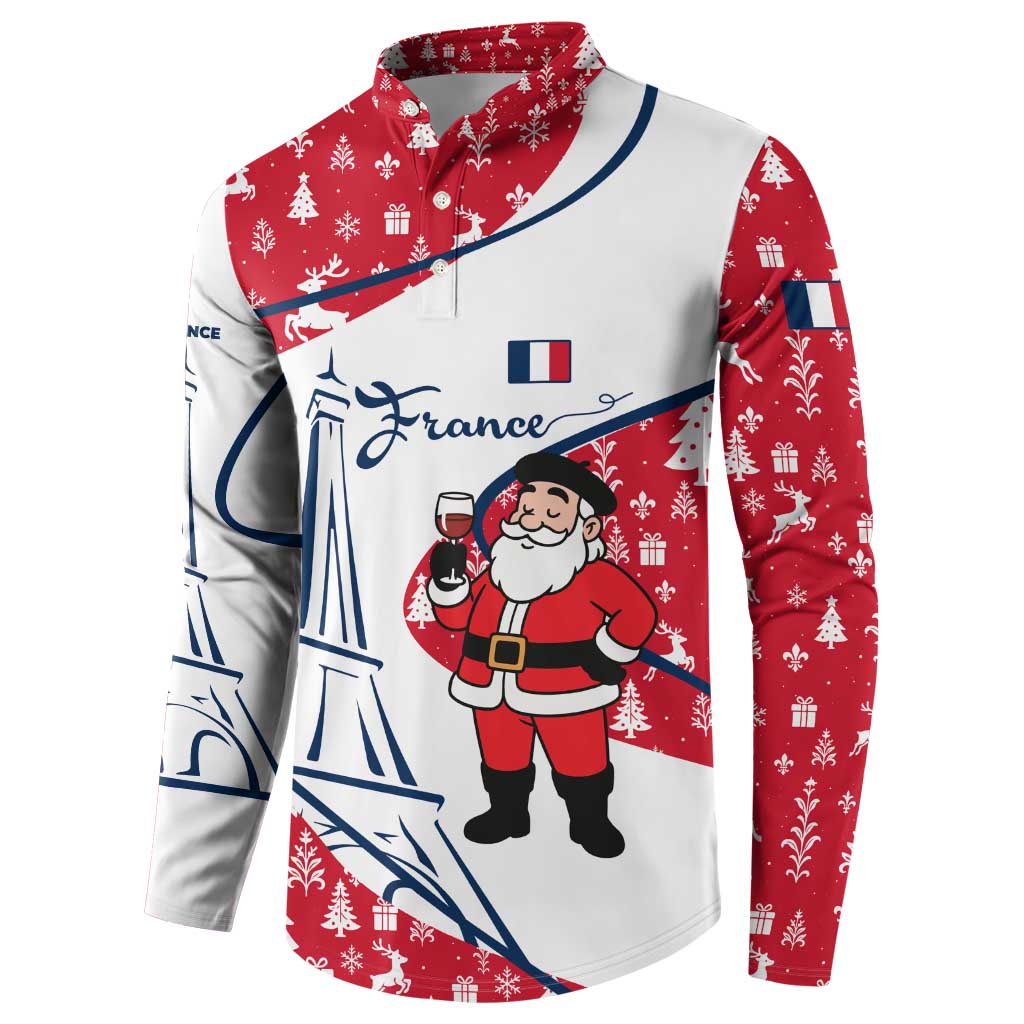 France Christmas Button Sweatshirt with Santa Wine Glass Eiffel Tower and Holiday Icons Design - Wonder Print Shop