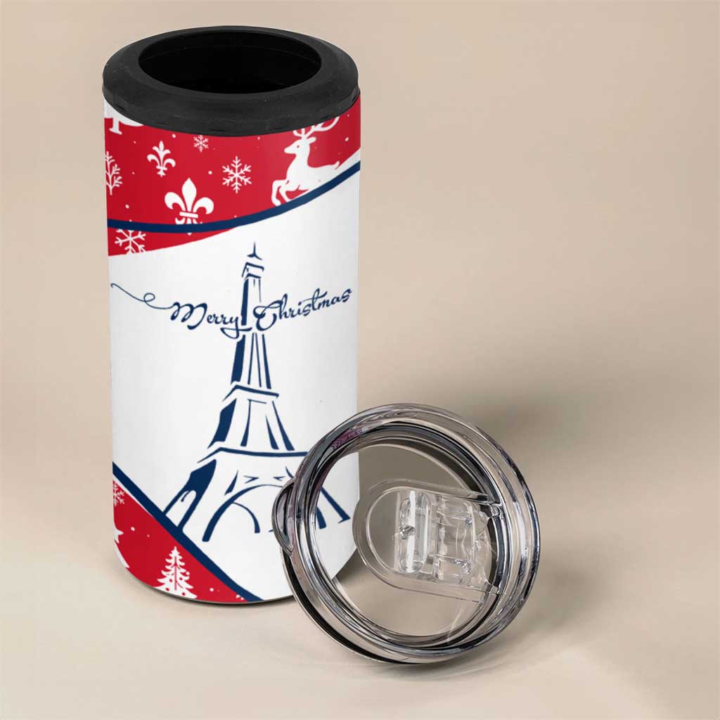 France Christmas 4 in 1 Can Cooler Tumbler with Santa Wine Glass Eiffel Tower and Holiday Icons Design - Wonder Print Shop