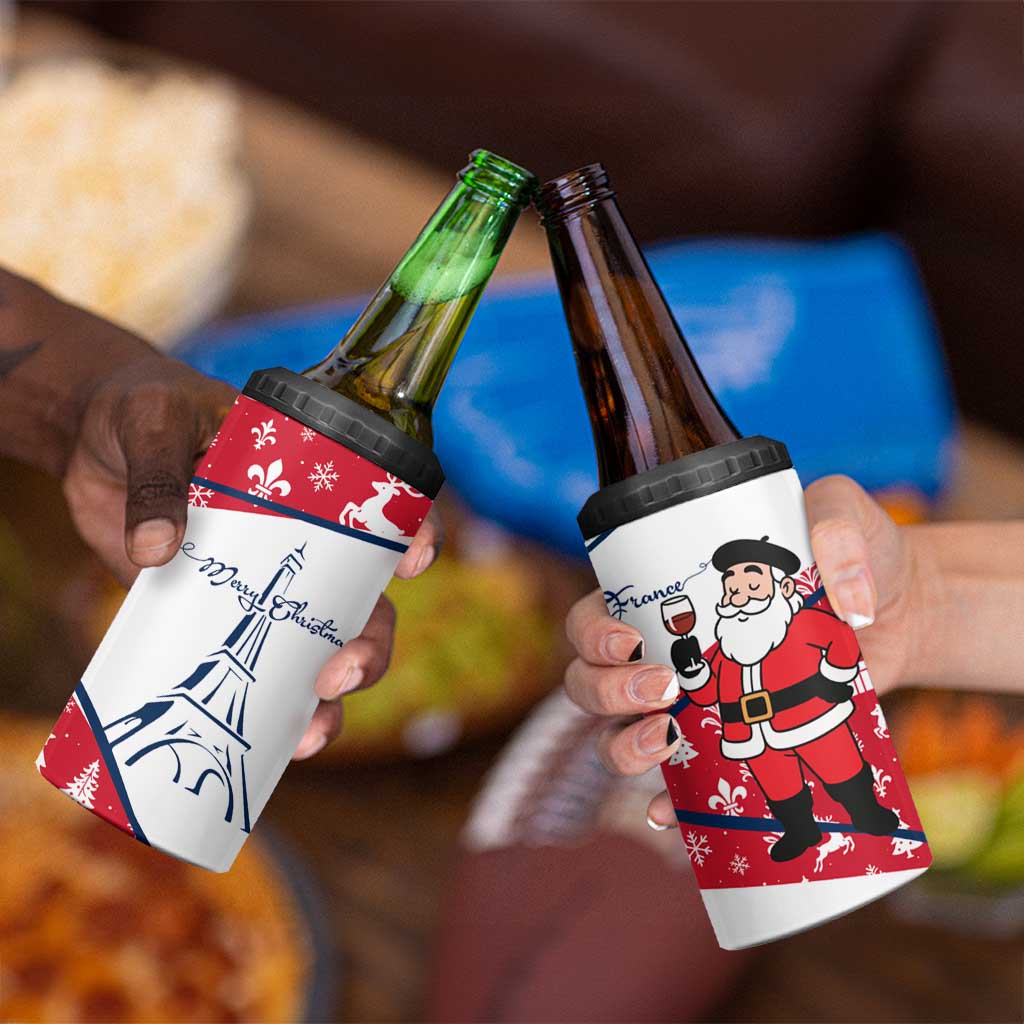 France Christmas 4 in 1 Can Cooler Tumbler with Santa Wine Glass Eiffel Tower and Holiday Icons Design - Wonder Print Shop