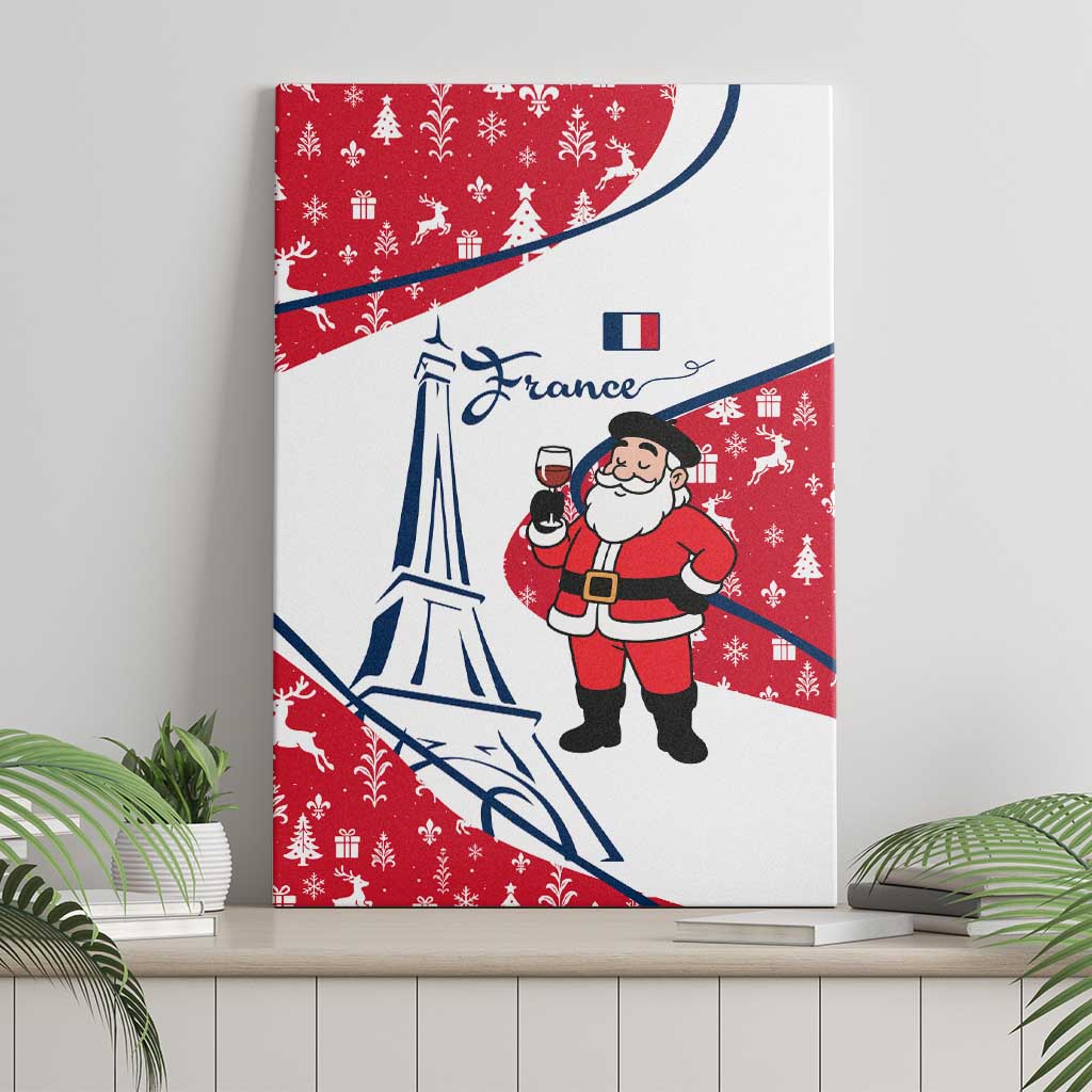 France Christmas Canvas Wall Art with Santa Wine Glass Eiffel Tower and Holiday Icons Design - Wonder Print Shop