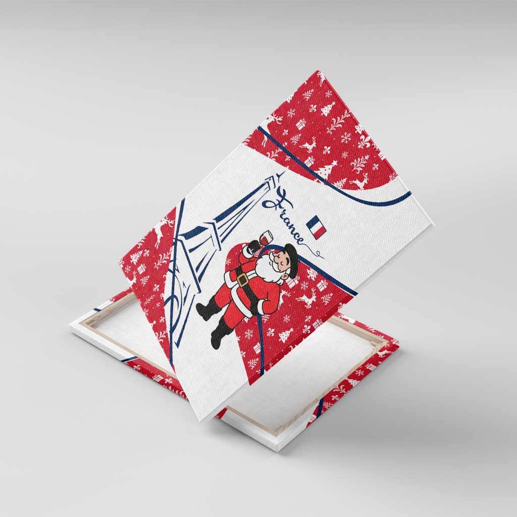 France Christmas Canvas Wall Art with Santa Wine Glass Eiffel Tower and Holiday Icons Design - Wonder Print Shop