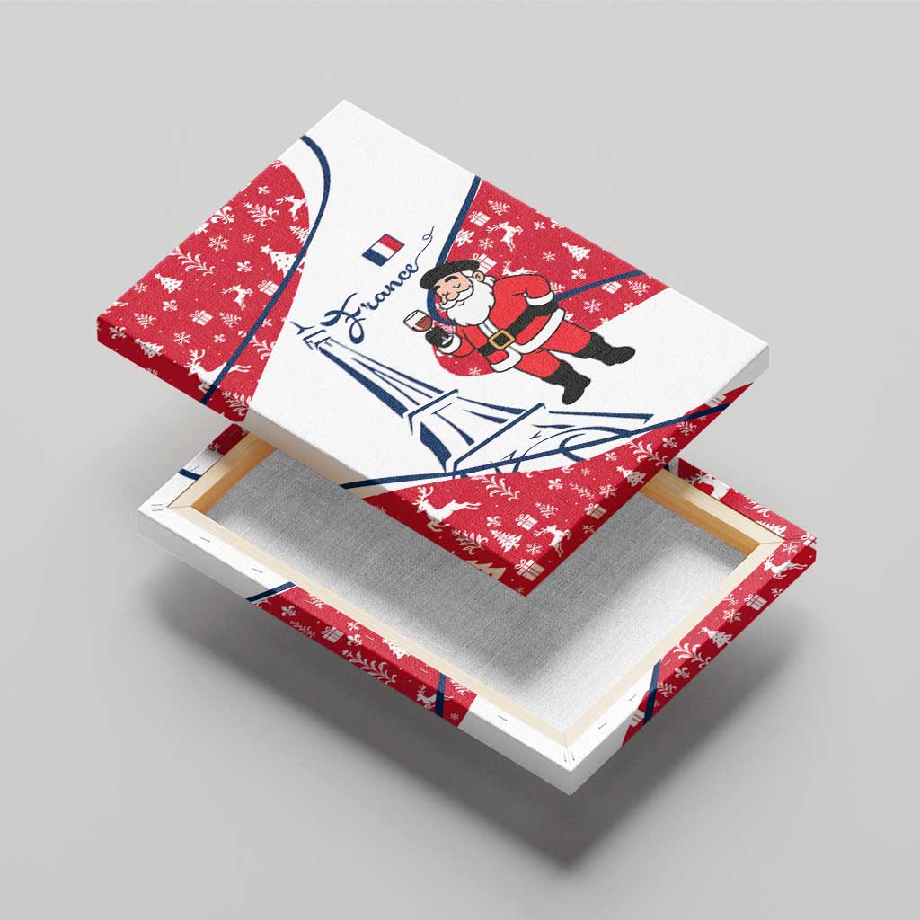 France Christmas Canvas Wall Art with Santa Wine Glass Eiffel Tower and Holiday Icons Design - Wonder Print Shop