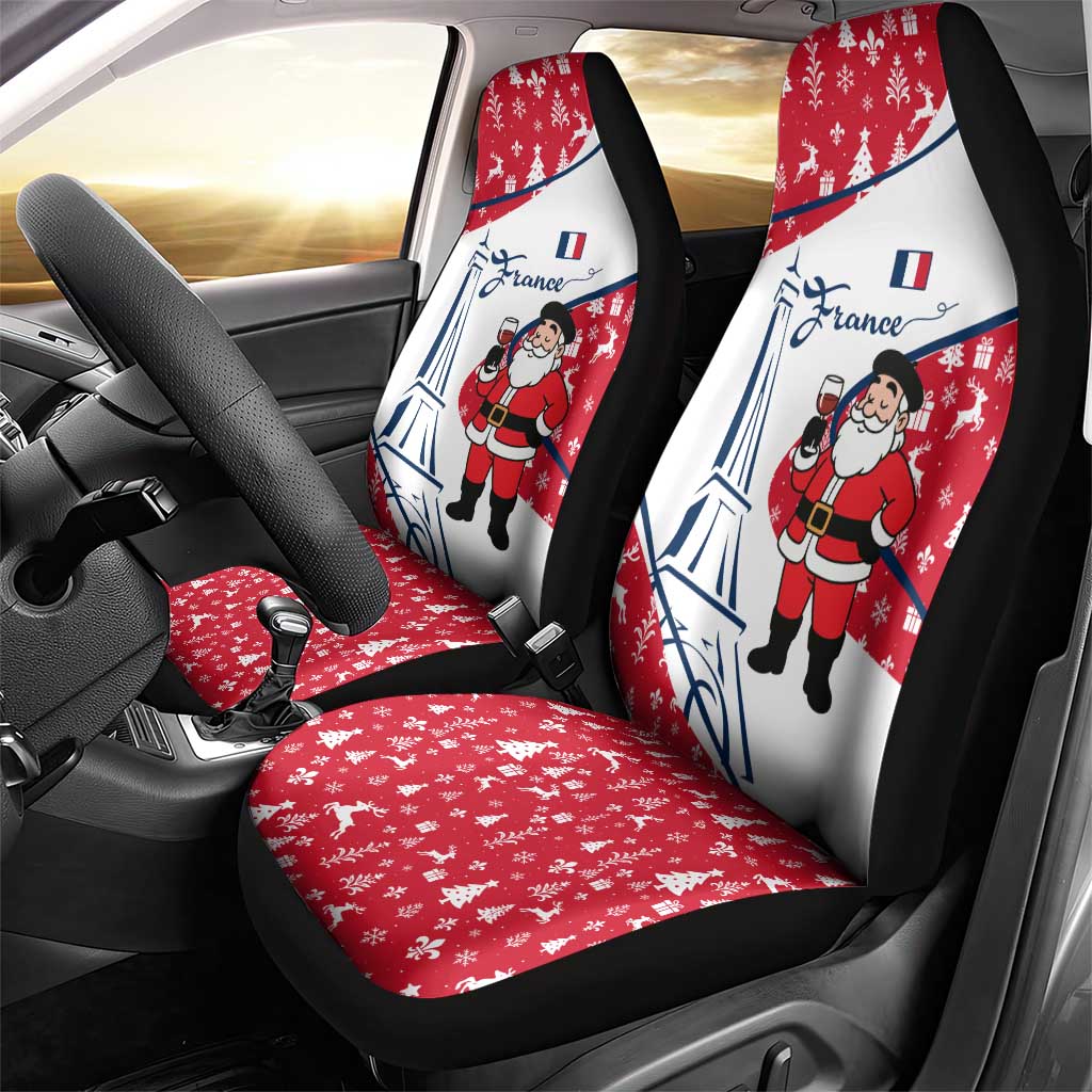 France Christmas Car Seat Cover with Santa Wine Glass Eiffel Tower and Holiday Icons Design - Wonder Print Shop