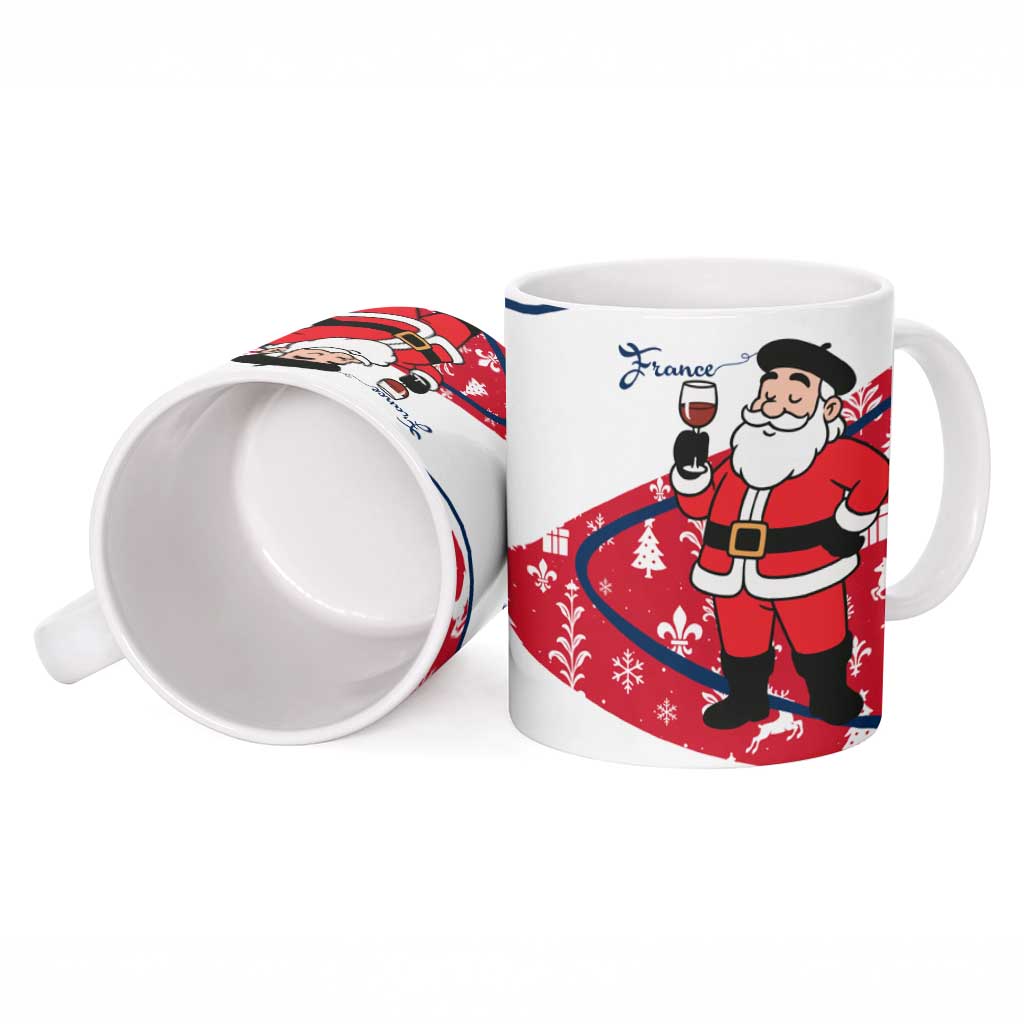 France Christmas Ceramic Mug with Santa Wine Glass Eiffel Tower and Holiday Icons Design - Wonder Print Shop