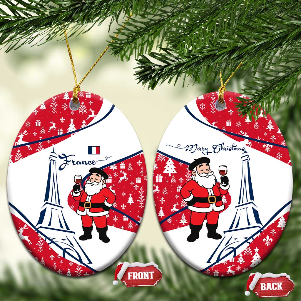 France Christmas Ceramic Ornament with Santa Wine Glass Eiffel Tower and Holiday Icons Design - Wonder Print Shop