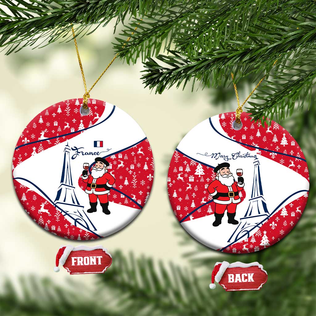 France Christmas Ceramic Ornament with Santa Wine Glass Eiffel Tower and Holiday Icons Design - Wonder Print Shop