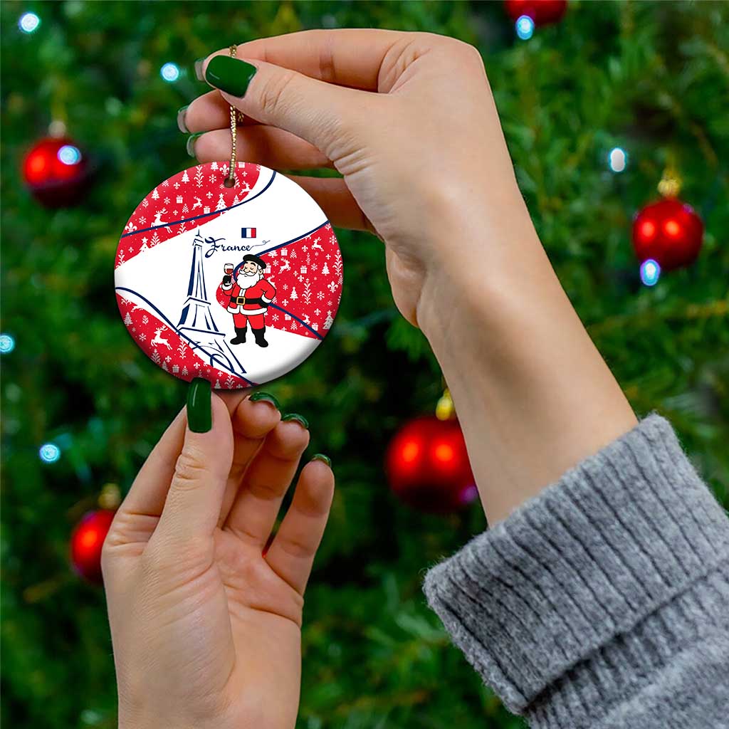 France Christmas Ceramic Ornament with Santa Wine Glass Eiffel Tower and Holiday Icons Design - Wonder Print Shop
