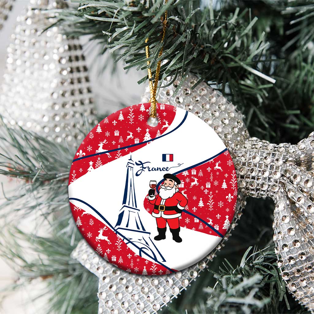 France Christmas Ceramic Ornament with Santa Wine Glass Eiffel Tower and Holiday Icons Design - Wonder Print Shop