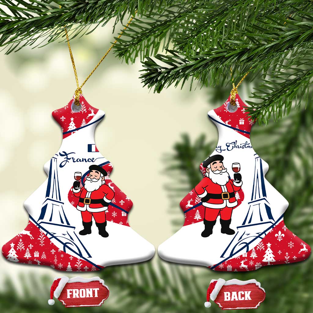 France Christmas Ceramic Ornament with Santa Wine Glass Eiffel Tower and Holiday Icons Design - Wonder Print Shop