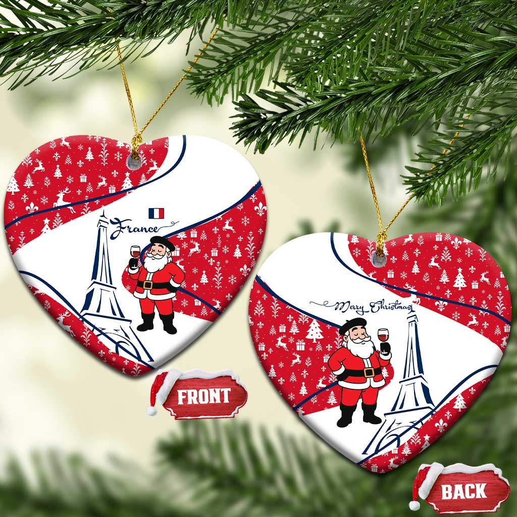 France Christmas Ceramic Ornament with Santa Wine Glass Eiffel Tower and Holiday Icons Design - Wonder Print Shop