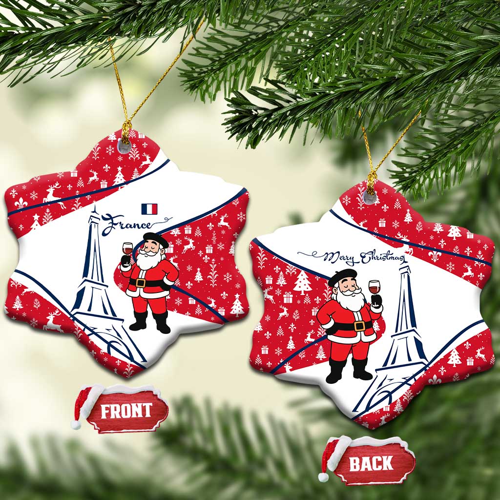 France Christmas Ceramic Ornament with Santa Wine Glass Eiffel Tower and Holiday Icons Design - Wonder Print Shop