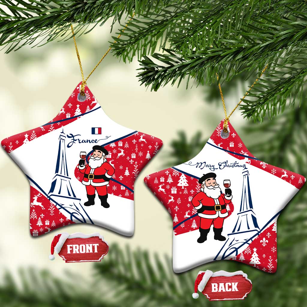 France Christmas Ceramic Ornament with Santa Wine Glass Eiffel Tower and Holiday Icons Design - Wonder Print Shop