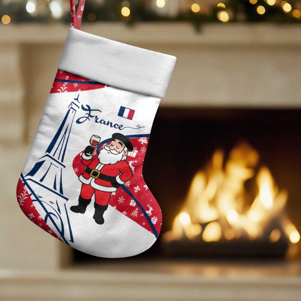 France Christmas Stocking with Santa Wine Glass Eiffel Tower and Holiday Icons Design - Wonder Print Shop
