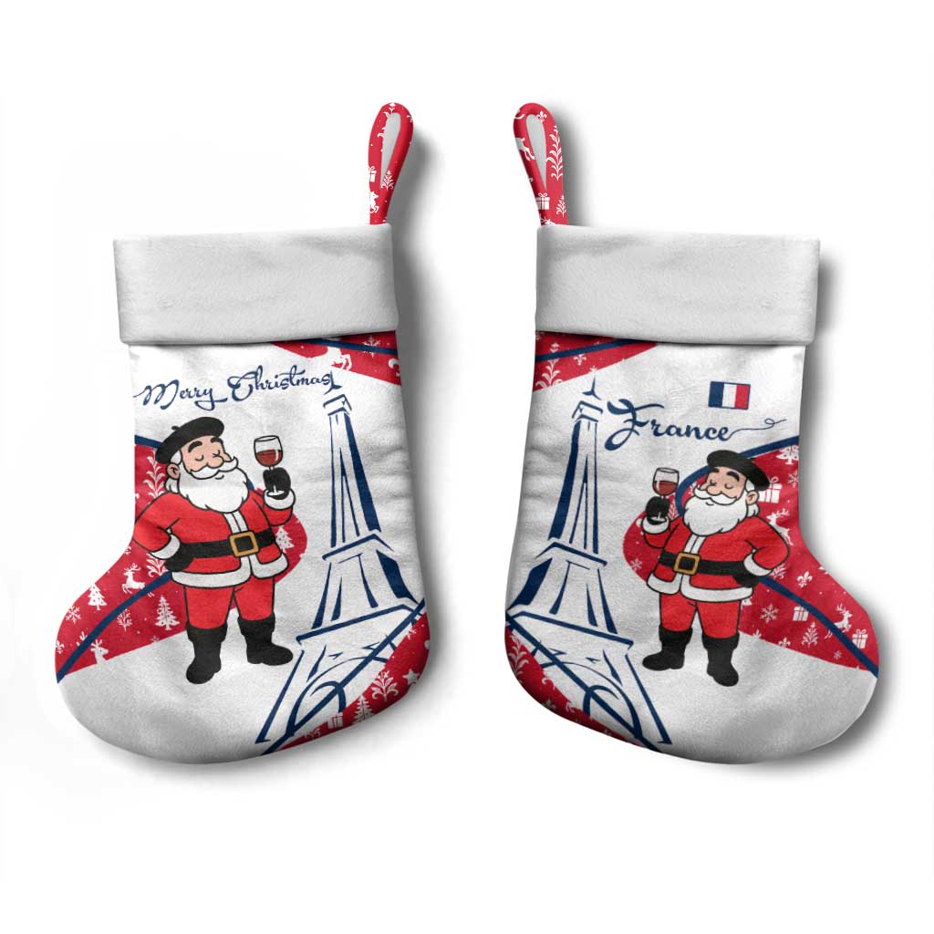 France Christmas Stocking with Santa Wine Glass Eiffel Tower and Holiday Icons Design - Wonder Print Shop