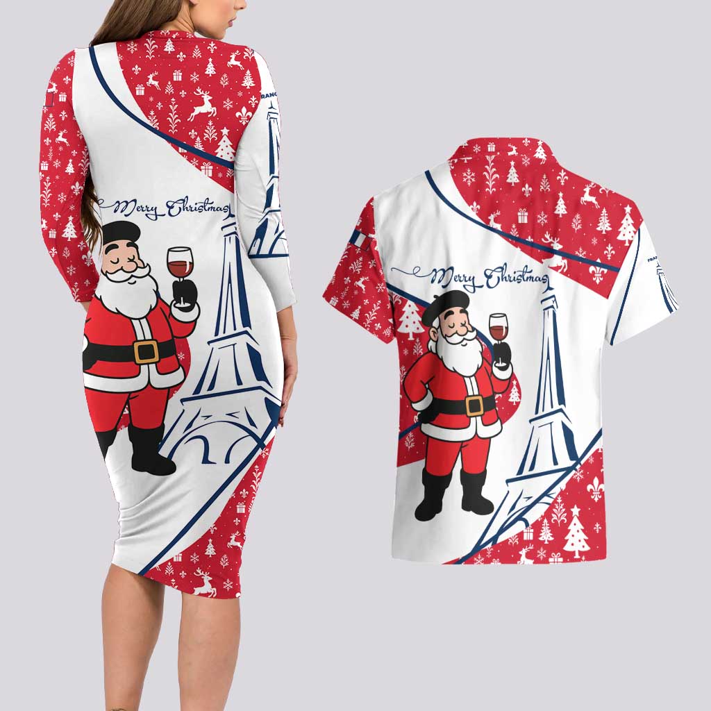 France Christmas Couples Matching Long Sleeve Bodycon Dress and Hawaiian Shirt with Santa Wine Glass Eiffel Tower and Holiday Icons Design - Wonder Print Shop