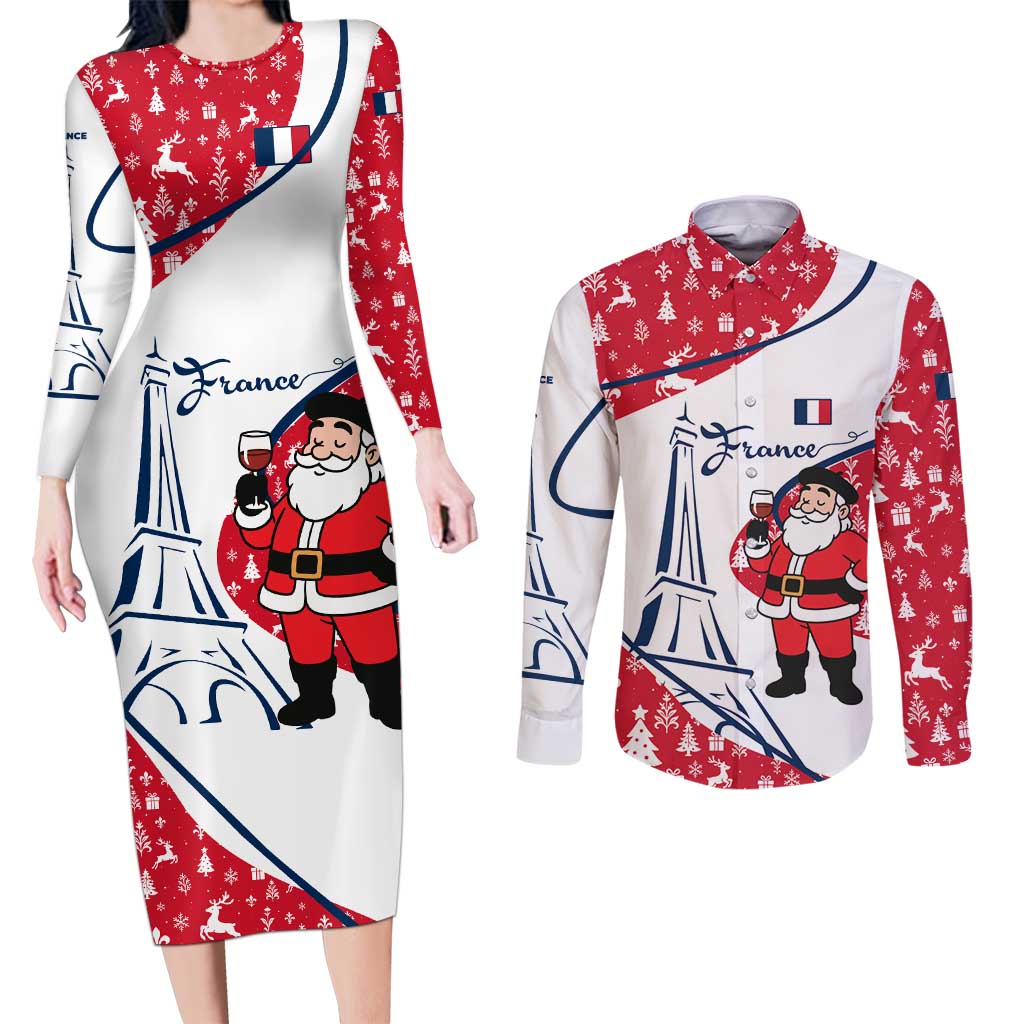 France Christmas Couples Matching Long Sleeve Bodycon Dress and Long Sleeve Button Shirt with Santa Wine Glass Eiffel Tower and Holiday Icons Design - Wonder Print Shop