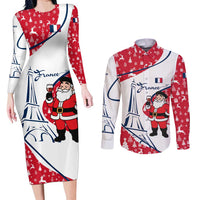 France Christmas Couples Matching Long Sleeve Bodycon Dress and Long Sleeve Button Shirt with Santa Wine Glass Eiffel Tower and Holiday Icons Design - Wonder Print Shop