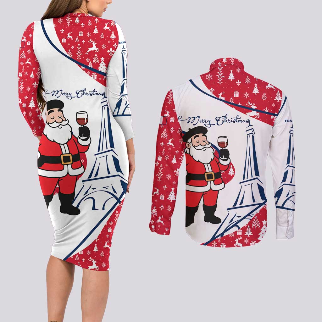 France Christmas Couples Matching Long Sleeve Bodycon Dress and Long Sleeve Button Shirt with Santa Wine Glass Eiffel Tower and Holiday Icons Design - Wonder Print Shop