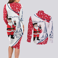 France Christmas Couples Matching Long Sleeve Bodycon Dress and Long Sleeve Button Shirt with Santa Wine Glass Eiffel Tower and Holiday Icons Design - Wonder Print Shop