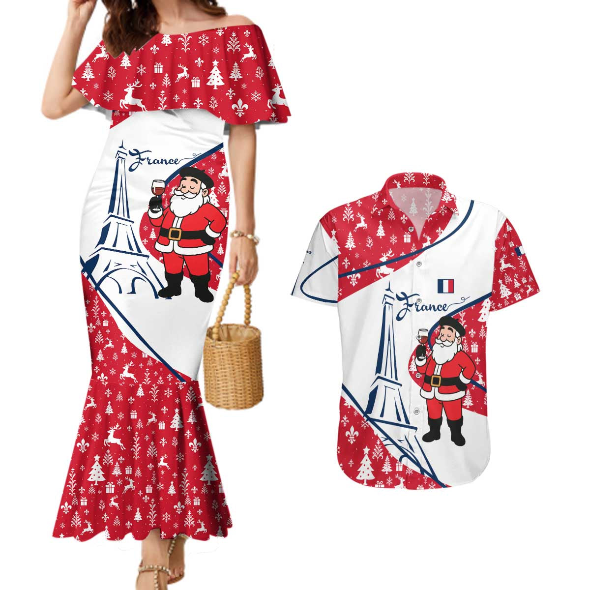 France Christmas Couples Matching Mermaid Dress and Hawaiian Shirt with Santa Wine Glass Eiffel Tower and Holiday Icons Design - Wonder Print Shop