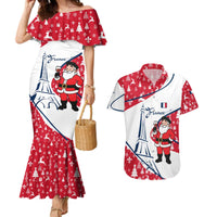 France Christmas Couples Matching Mermaid Dress and Hawaiian Shirt with Santa Wine Glass Eiffel Tower and Holiday Icons Design - Wonder Print Shop
