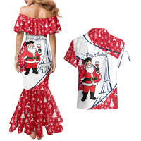 France Christmas Couples Matching Mermaid Dress and Hawaiian Shirt with Santa Wine Glass Eiffel Tower and Holiday Icons Design - Wonder Print Shop