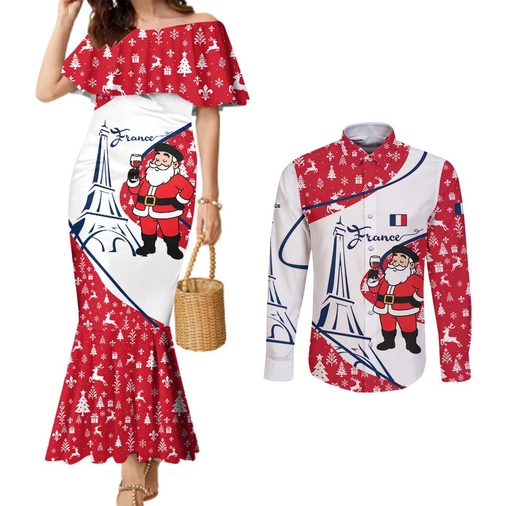 France Christmas Couples Matching Mermaid Dress and Long Sleeve Button Shirt with Santa Wine Glass Eiffel Tower and Holiday Icons Design - Wonder Print Shop