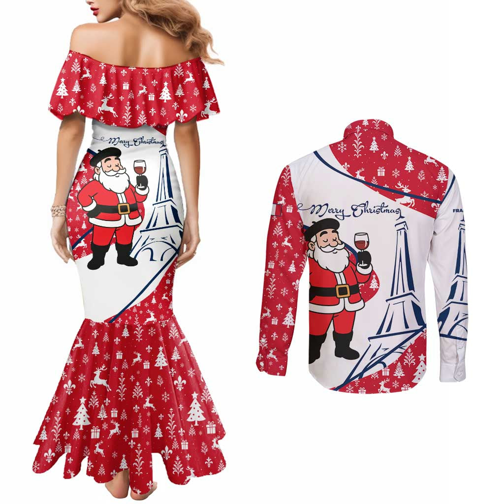 France Christmas Couples Matching Mermaid Dress and Long Sleeve Button Shirt with Santa Wine Glass Eiffel Tower and Holiday Icons Design - Wonder Print Shop