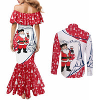 France Christmas Couples Matching Mermaid Dress and Long Sleeve Button Shirt with Santa Wine Glass Eiffel Tower and Holiday Icons Design - Wonder Print Shop