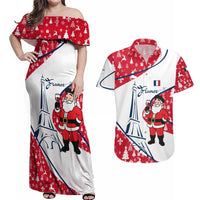 France Christmas Couples Matching Off Shoulder Maxi Dress and Hawaiian Shirt with Santa Wine Glass Eiffel Tower and Holiday Icons Design - Wonder Print Shop