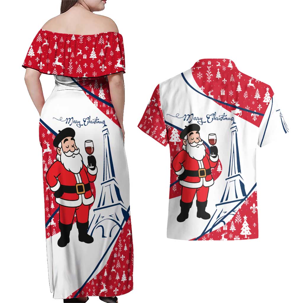 France Christmas Couples Matching Off Shoulder Maxi Dress and Hawaiian Shirt with Santa Wine Glass Eiffel Tower and Holiday Icons Design - Wonder Print Shop