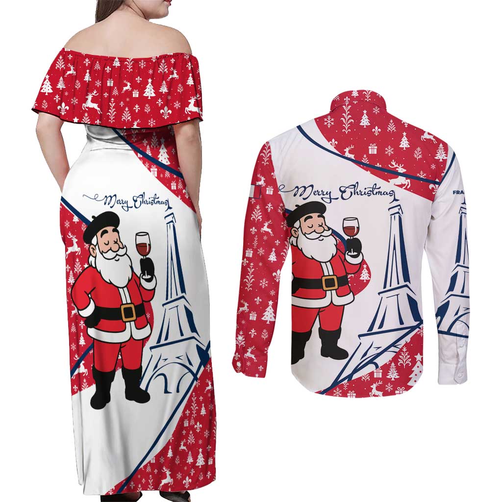 France Christmas Couples Matching Off Shoulder Maxi Dress and Long Sleeve Button Shirt with Santa Wine Glass Eiffel Tower and Holiday Icons Design - Wonder Print Shop