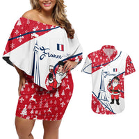 France Christmas Couples Matching Off Shoulder Short Dress and Hawaiian Shirt with Santa Wine Glass Eiffel Tower and Holiday Icons Design - Wonder Print Shop