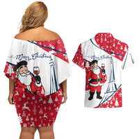 France Christmas Couples Matching Off Shoulder Short Dress and Hawaiian Shirt with Santa Wine Glass Eiffel Tower and Holiday Icons Design - Wonder Print Shop