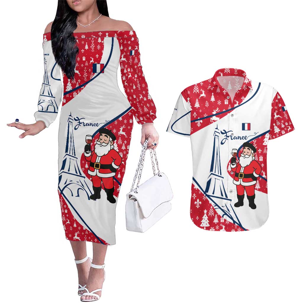France Christmas Couples Matching Off The Shoulder Long Sleeve Dress and Hawaiian Shirt with Santa Wine Glass Eiffel Tower and Holiday Icons Design - Wonder Print Shop