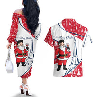 France Christmas Couples Matching Off The Shoulder Long Sleeve Dress and Hawaiian Shirt with Santa Wine Glass Eiffel Tower and Holiday Icons Design - Wonder Print Shop