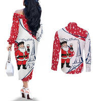 France Christmas Couples Matching Off The Shoulder Long Sleeve Dress and Long Sleeve Button Shirt with Santa Wine Glass Eiffel Tower and Holiday Icons Design - Wonder Print Shop