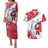 France Christmas Couples Matching Puletasi and Hawaiian Shirt with Santa Wine Glass Eiffel Tower and Holiday Icons Design - Wonder Print Shop